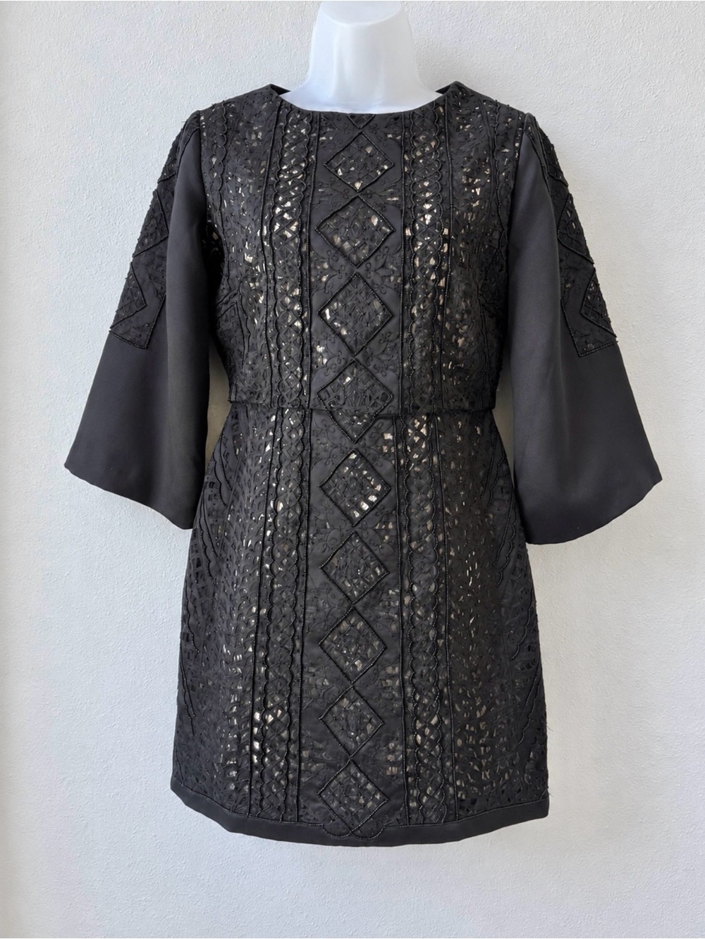 Maje Rebecca Dress Size 1 (US 4) Black Lace Beaded Bell Sleeve Mini